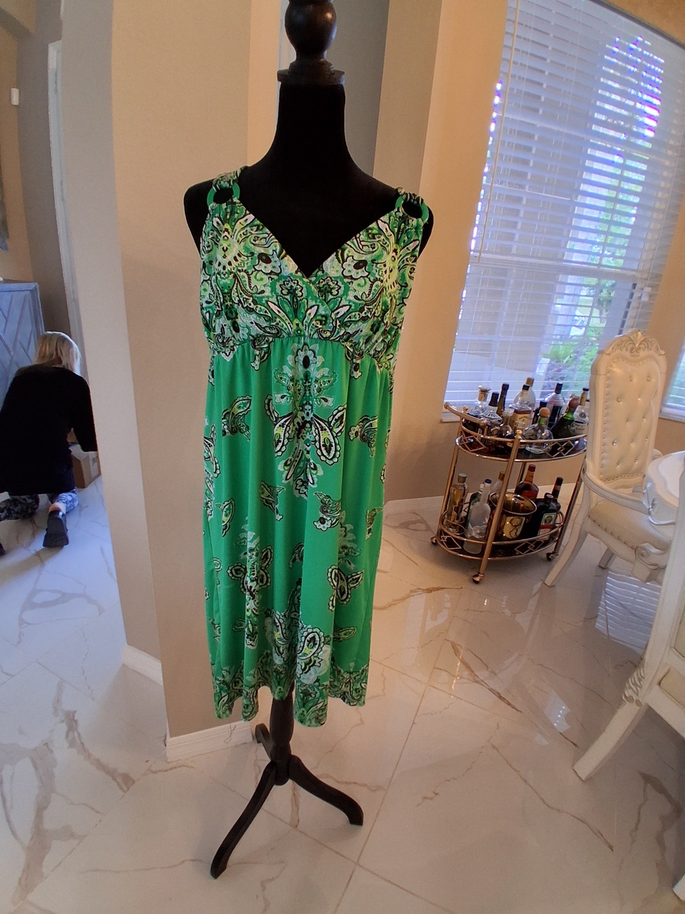 INC International Concepts Bright Green Paisley Empire-Waist Midi Dress